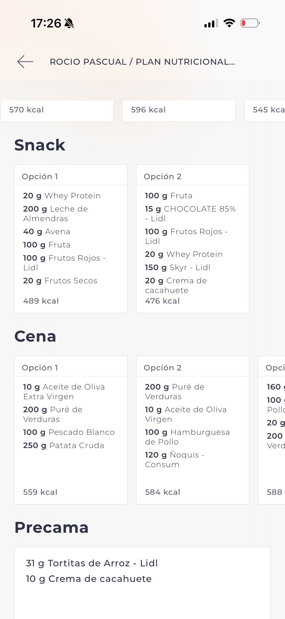 Menú nutricional en la app